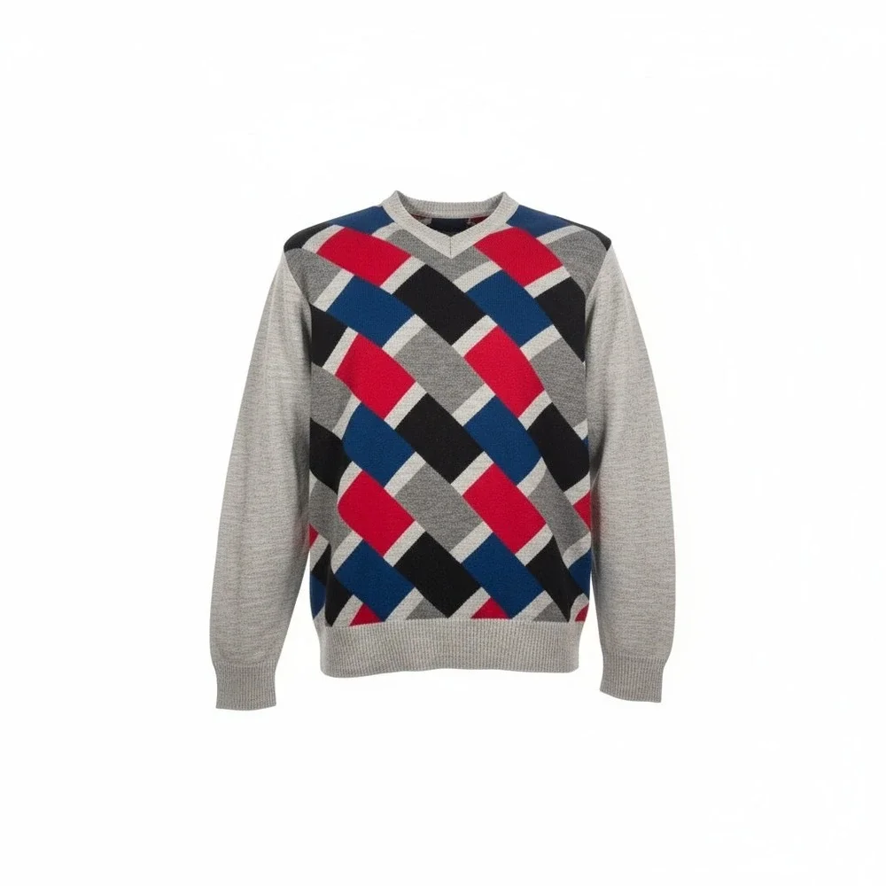 Flying Machine Sweater Mens Large Gray Red‎ Blue Argyle V-Neck Geometric